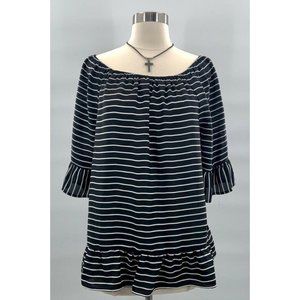 ELLE Womens Blouse Black White Stripe Short Sleeve